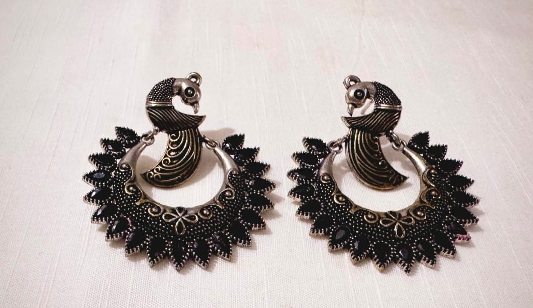 Peacock Design Black Stones Chandbali