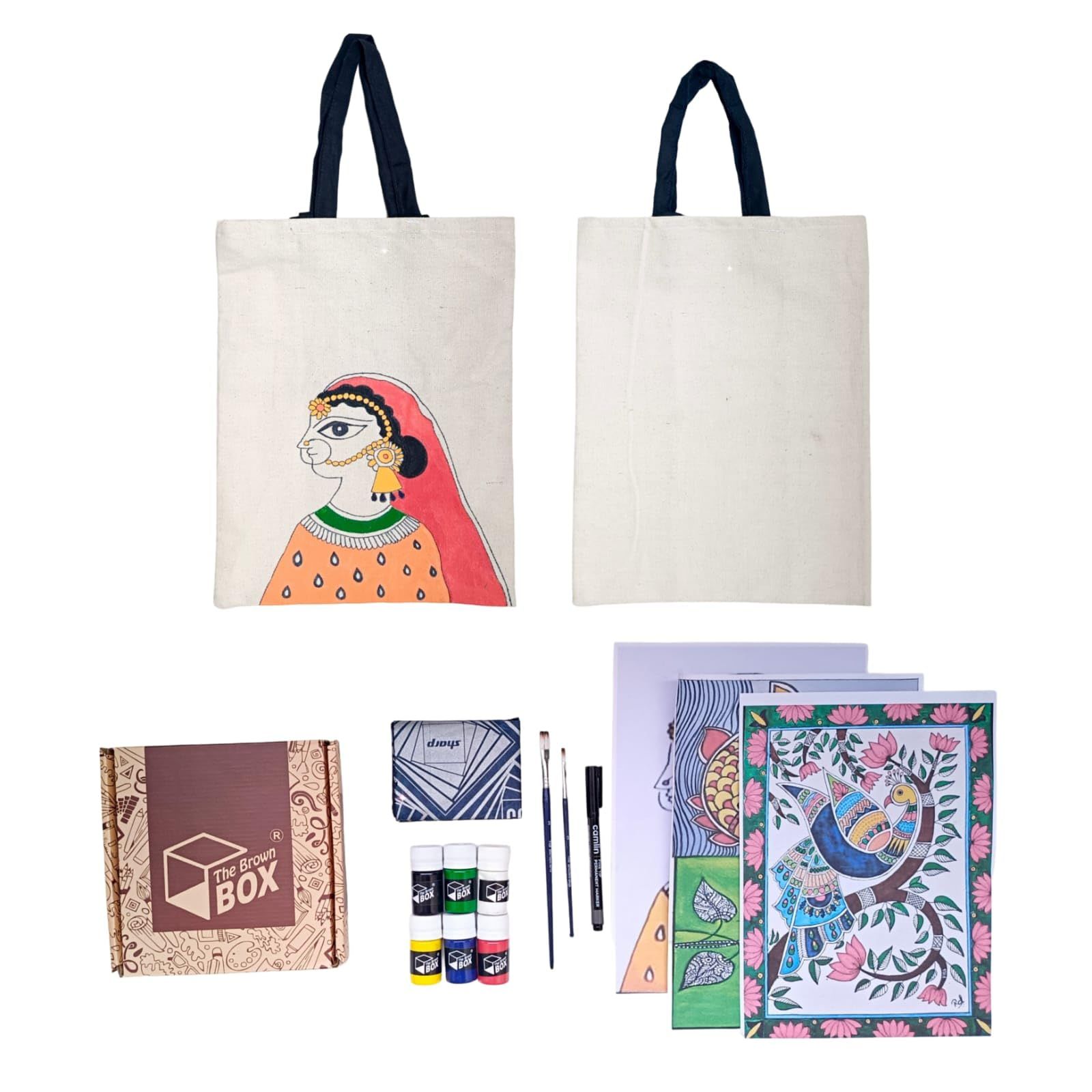 The brown box-Madhubani Painting kit,Tote Bag Painting kit,DIY kit,Craft kit for Kids and Adults,Birthday Gift,Return Gift