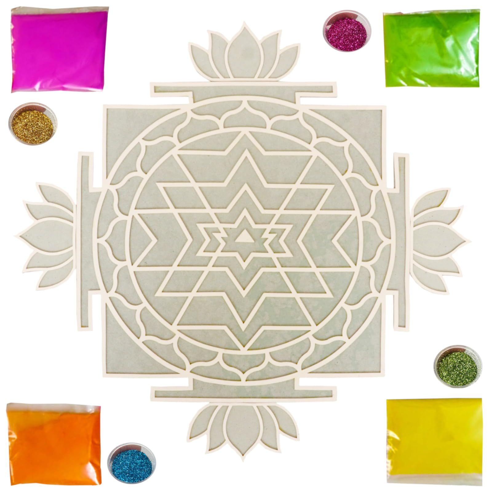 The Brown Box-Island Rangoli-Shree Yantra Lotus Design Template, Rangoli Making kit with Colors and Glitter, Reusable, Portable, Floating, Readymade, Easy Rangoli Stencils, Diwali Decor.