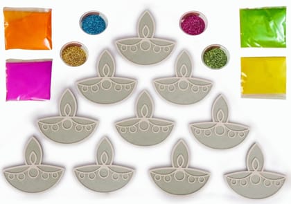 The Brown Box-Island Rangoli- Diya Design Template(Set of 10), Rangoli Making kit with Colors and Glitter, Reusable, Portable, Floating, Readymade, Easy Rangoli Stencils, Diwali Decor.