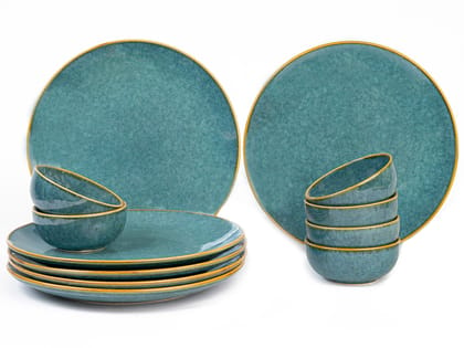 Handmade Ceramic Plates and Bowls in Teal Blue with Golden Rim Set of 6