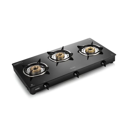 3 Burner  Glass Gas Stove with Brass Burner Black (1034GT BB BL)