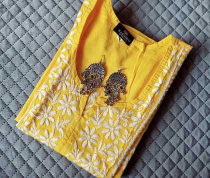 Women Chikankari hand Embroided Cotton Blend Straight long Kurta (Yellow)