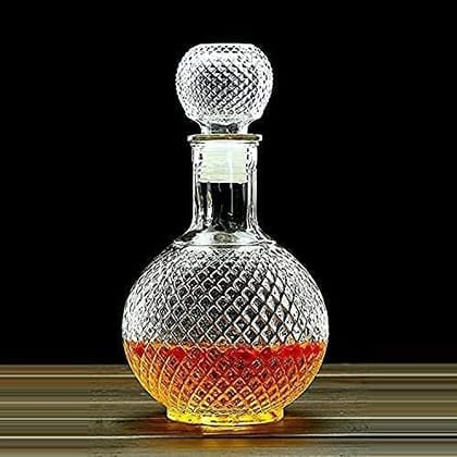 Clear Glass European Style Round Decanter with Lid for Whisky, Wine, Beer, Scotch, Vodka, Bourbon, Liquor | Water and Juice Jug Pitcher Bottle (Big) (1000 ml)