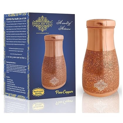 INDIAN ART VILLA Pure Copper Embossed Design Bedroom Water Bottle with Inbuilt Glass