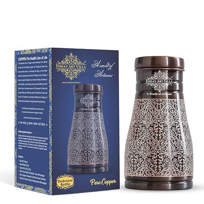 INDIAN ART VILLA Pure Copper Bedroom Water Bottle with Inbuilt Glass, Dark Embossed Design