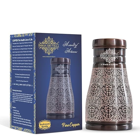 INDIAN ART VILLA Pure Copper Bedroom Water Bottle with Inbuilt Glass, Dark Embossed Design