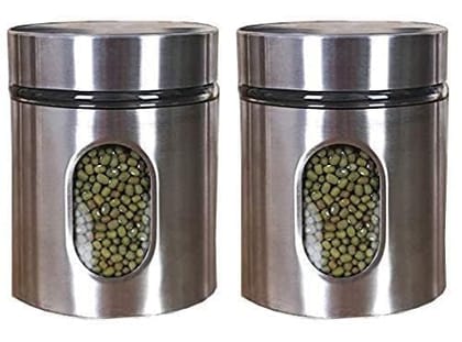 Clear Glass Steel Window Jars for Kitchen tools, out layer steel,food storage jar pack of 2 (350 ML)