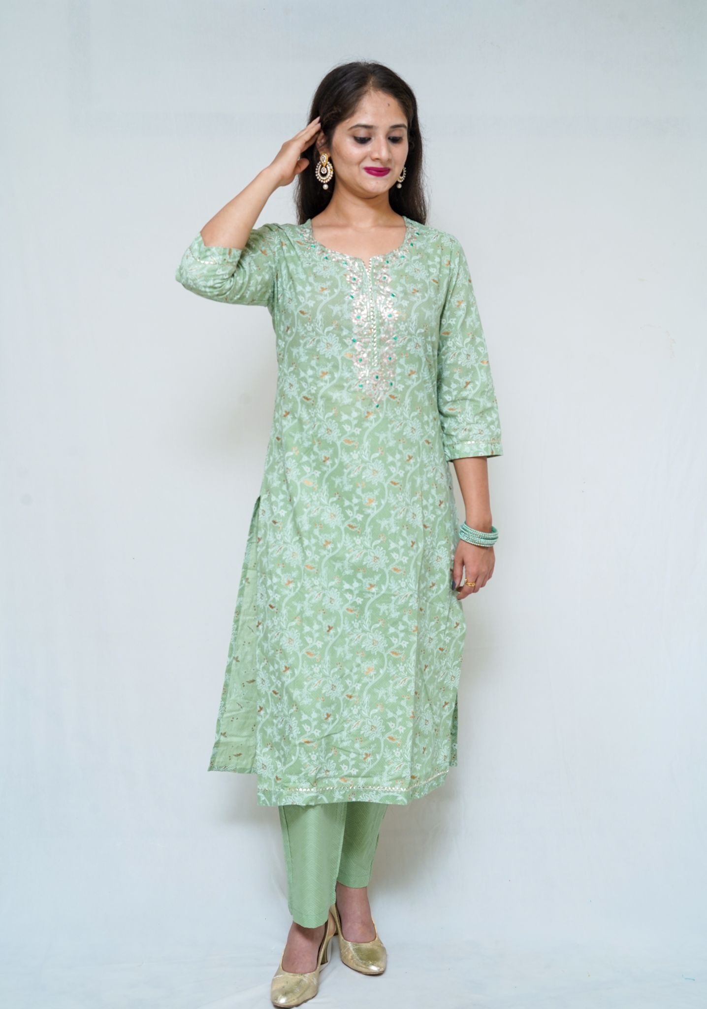 Women's cotton hand block printed pishta green straight kurta with pant