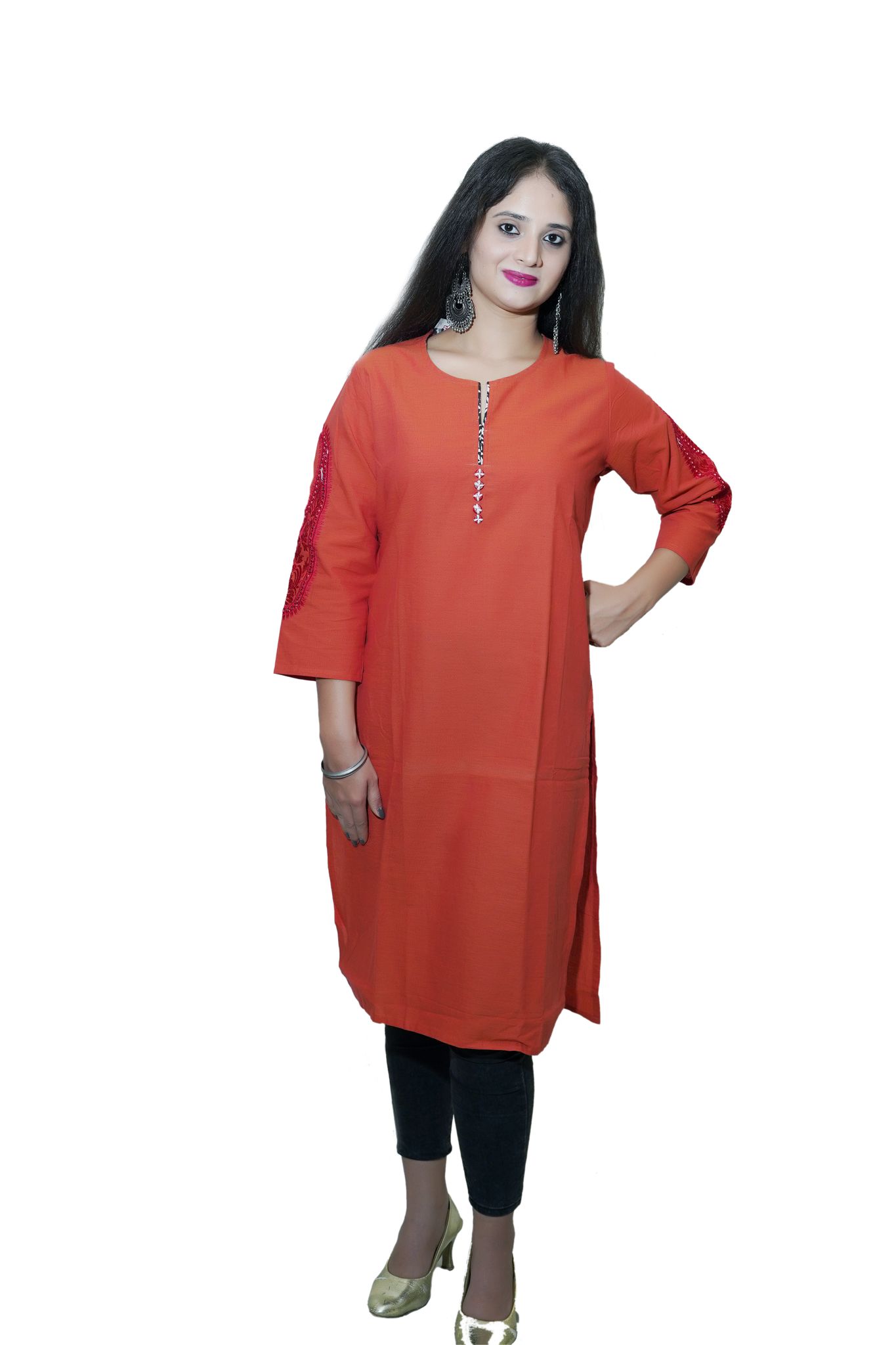 Women's pure cotton straight rust orange color embellished kurta