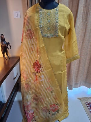 Yellow Organza handwork kurti paired with digital print organza dupatta Available in M, L , Xl, XXl