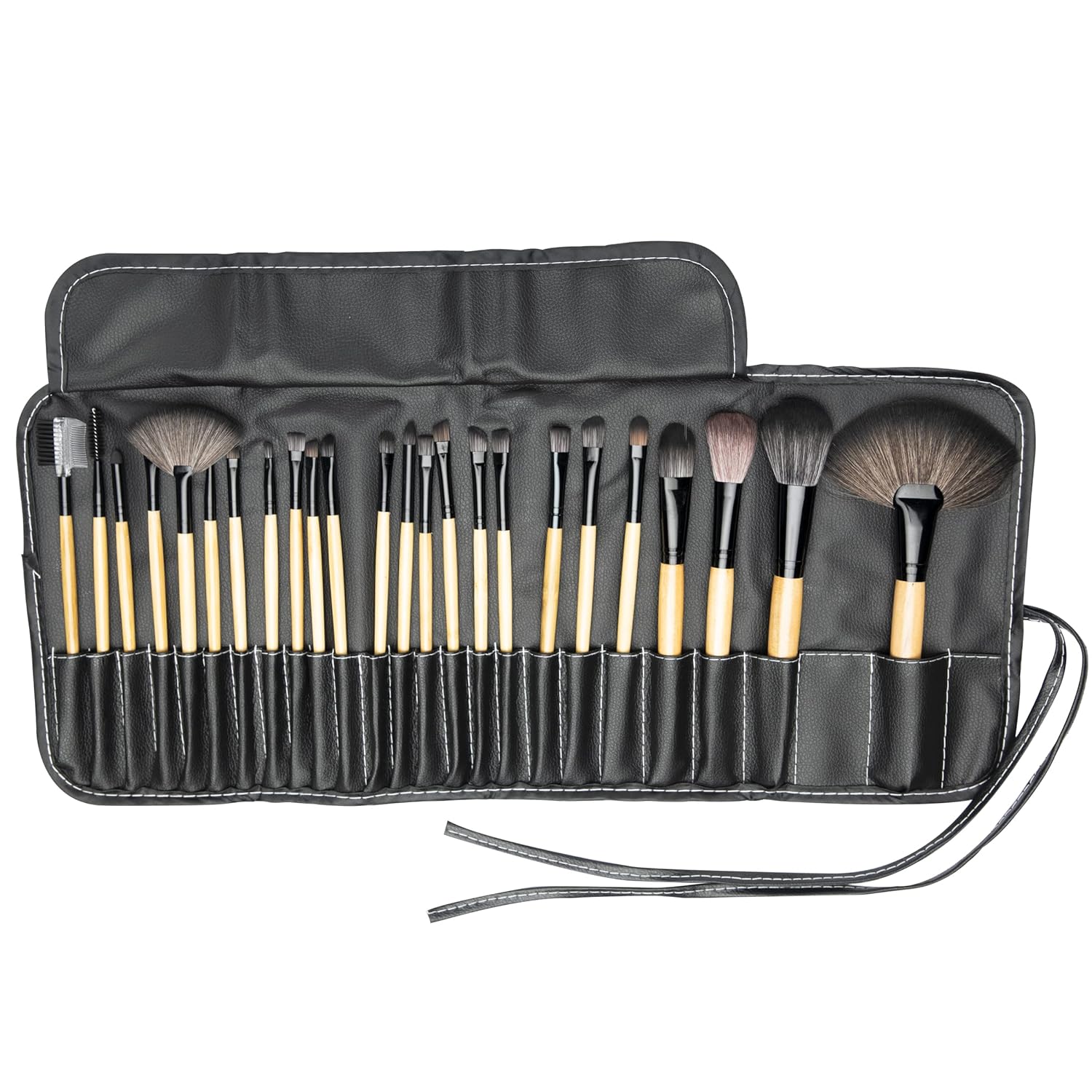 24 Piece Makeup Brush Set with Black Leather Case - Foundation, Blush, Eyeshadow, Concealer, Powder, Bronzer Brushes - Perfect for Travel or Home Use