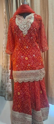 Red Gharara Traditional bhandhani  3pc set in Georget