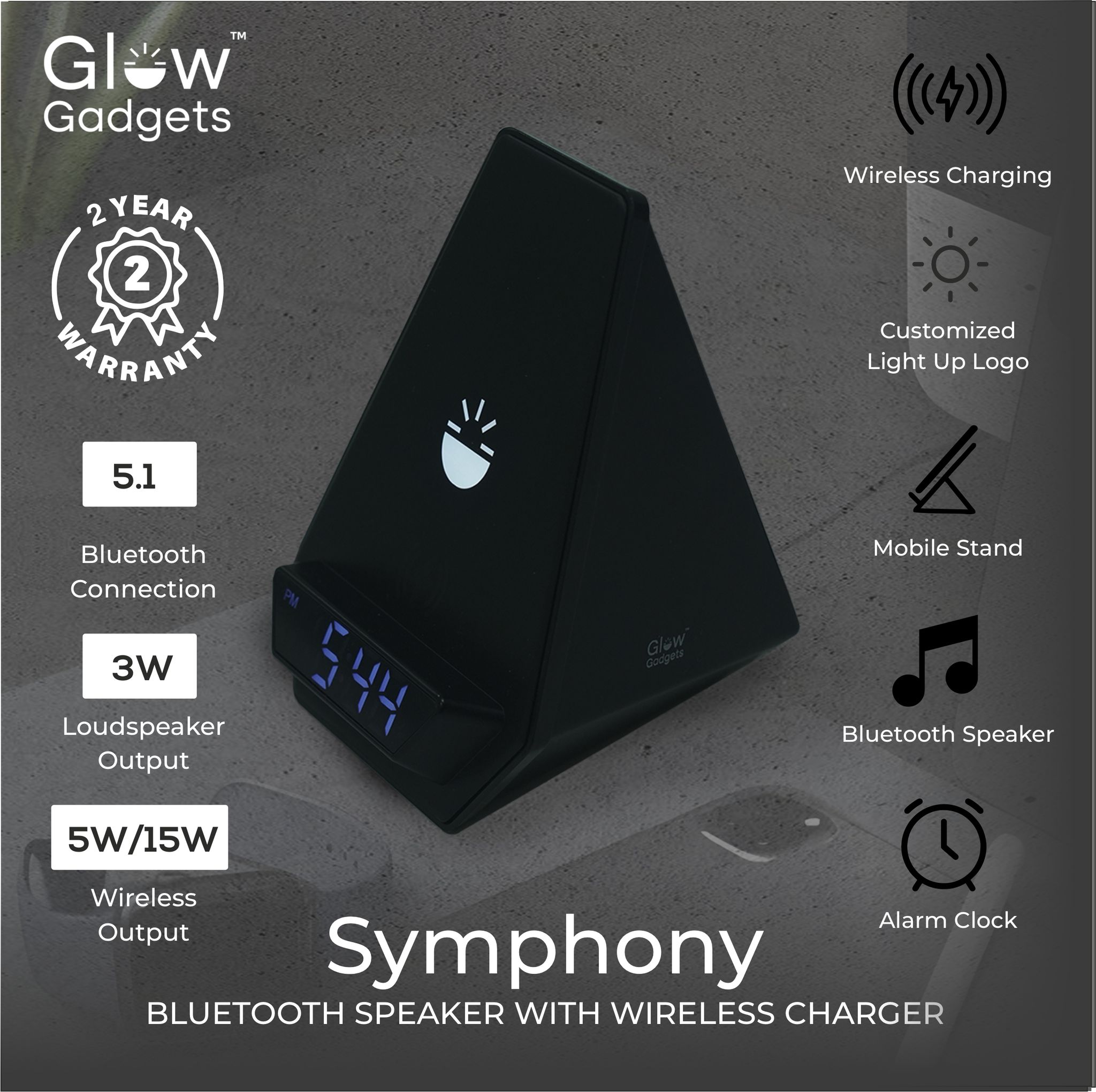 Glow Gadgets Symphony Bluetooth Speaker With Wireless Charging