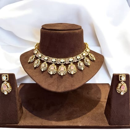 Exquisite Pink and White Kundan Necklace Set By Dia Art Jewels