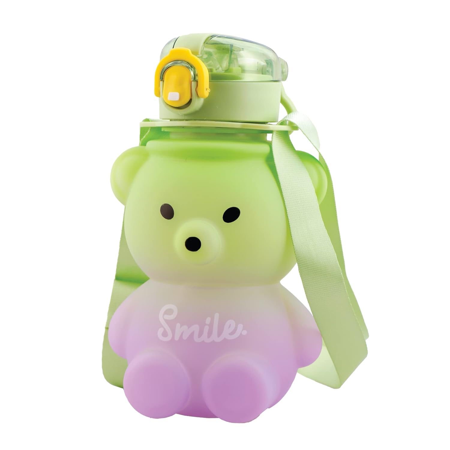 Teddy Bear Plastic Water Bottle for Kids, Push Button Open Kids Water Bottle with Straw, Sipper Bottle for Kids with Adjustable Strap and Stickers, 800ml, (Pack of 1, Green)