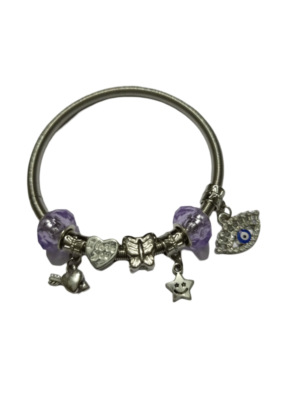 Pandora Style Silver Bangle Bracelet with Purple and Silver Charms