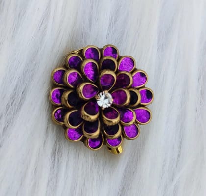 Gold Plated Purple Enameled Flower Brooch with Rhinestone Center