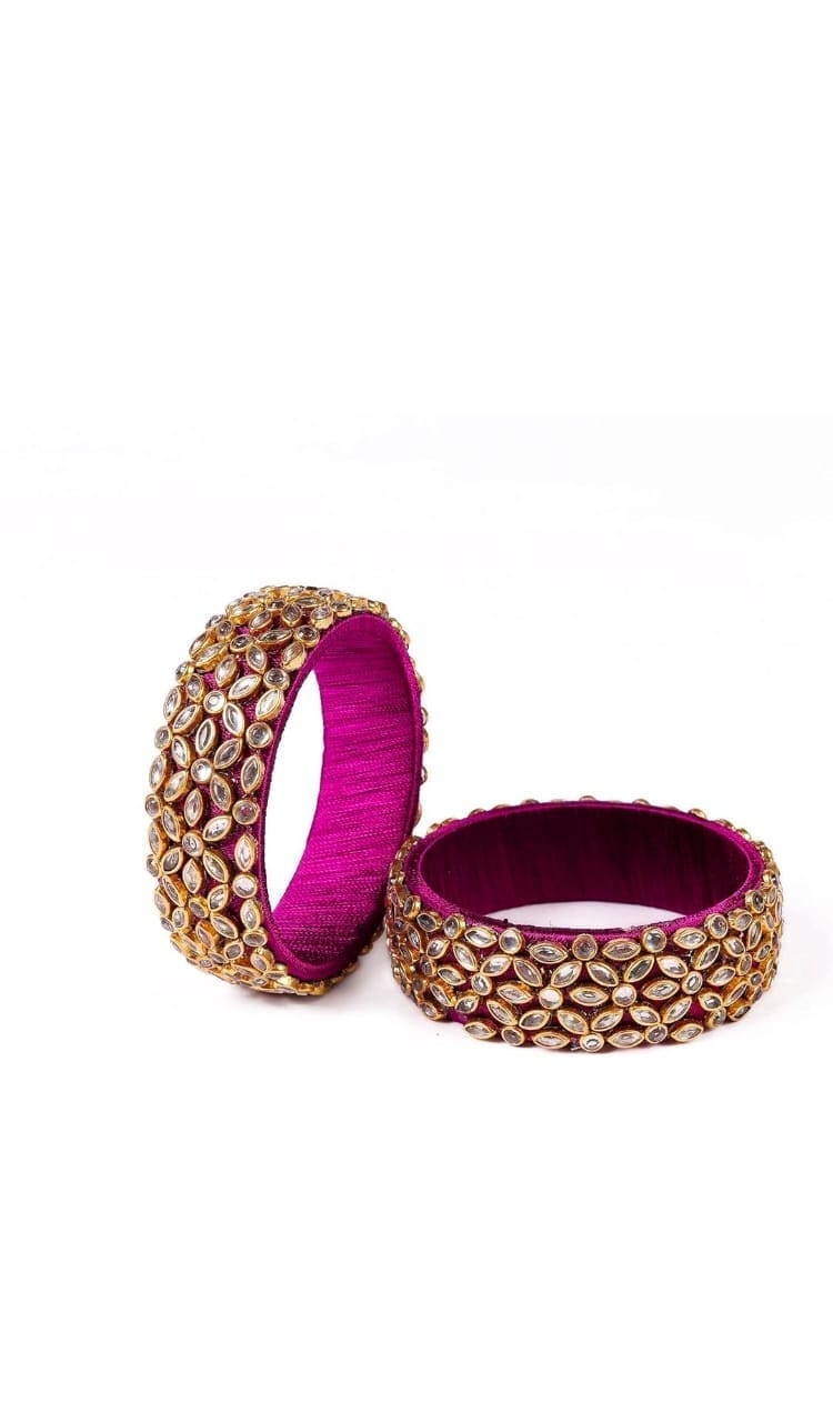 Stunning Pink Silk Thread Bangle Set with Kundan Stones for Women