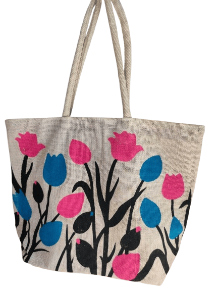 Hand-painted Jute Tote Bag with Colorful Floral Design