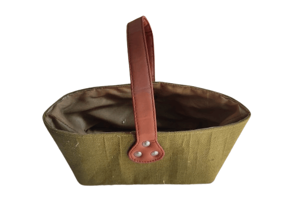 Small Canvas Basket with Brown Leather Handle