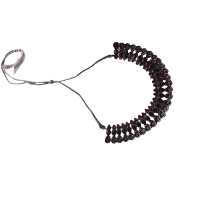 Oxidized Silver Choker Necklace with Red and Green Stones