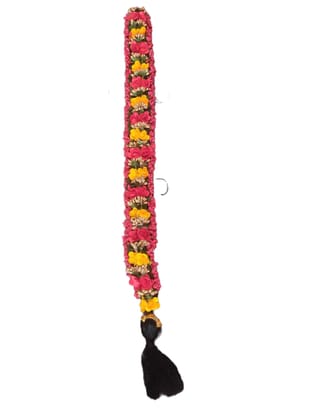 Pink and yellow artificial flower gajra with black hair extension