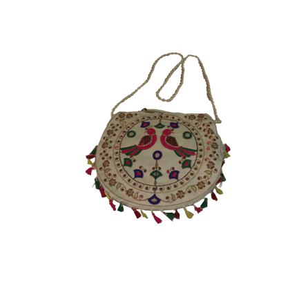 Exquisite Hand Embroidered Cream Potli Bag with Colorful Tassels and Mirror Work