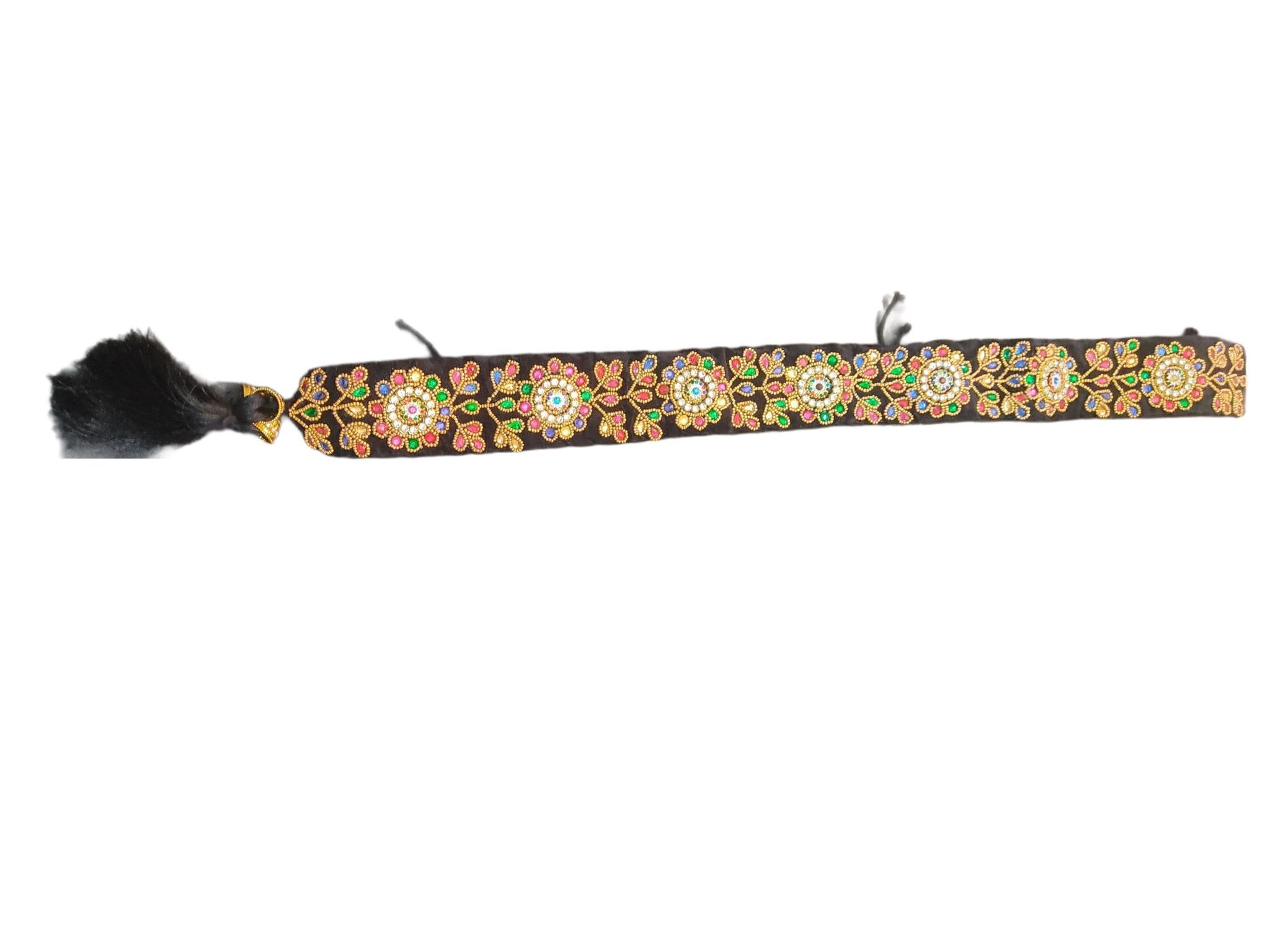 Black Velvet Embroidered Belt with Colorful Stones and Tassels