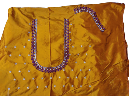 Kasavu Blouse with Hand Embroidery Work - Mustard Yellow