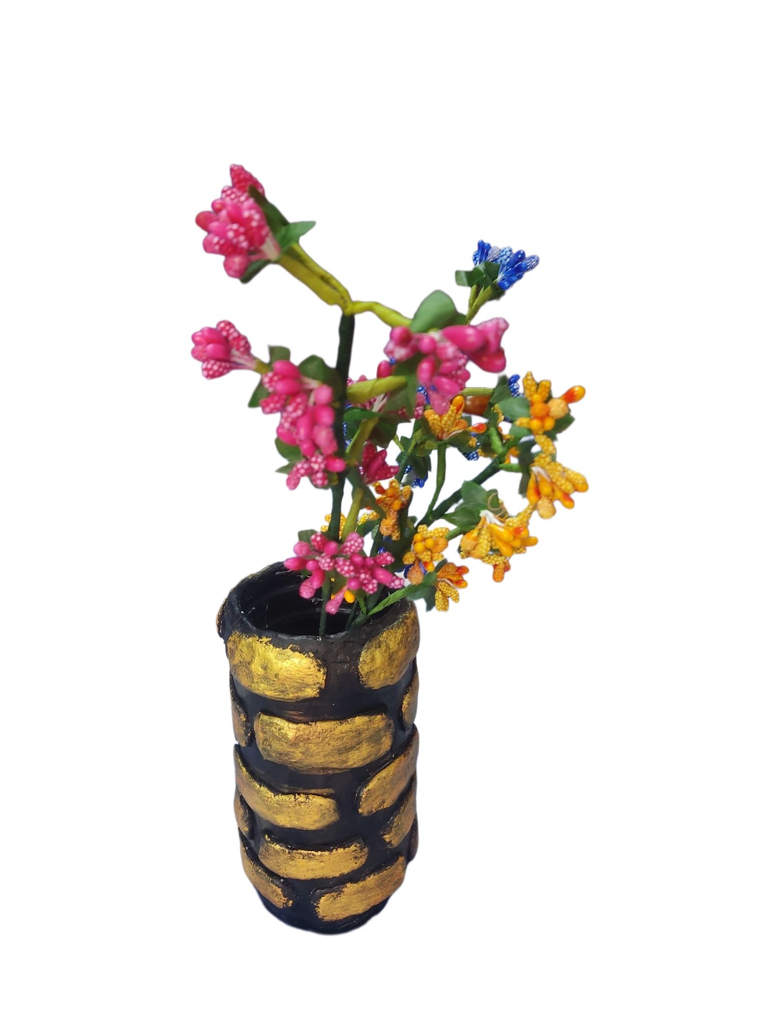 A beautiful and unique handmade ceramic vase with a unique stone pattern and pink, yellow, and blue flowers.