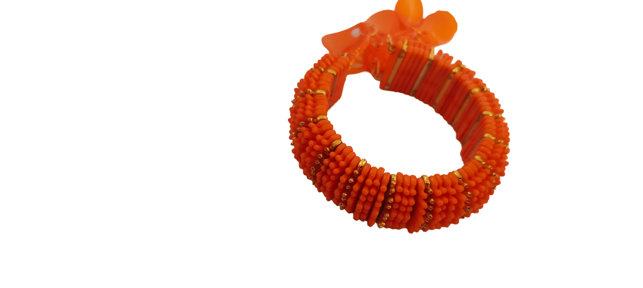 Orange Beaded Bangle with Golden Beads and Flower Design