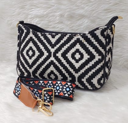 Black and White Handwoven Jute Crossbody Bag with Adjustable Strap