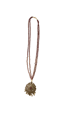 Exquisite Antique Gold Pendant Necklace with Maroon Beads