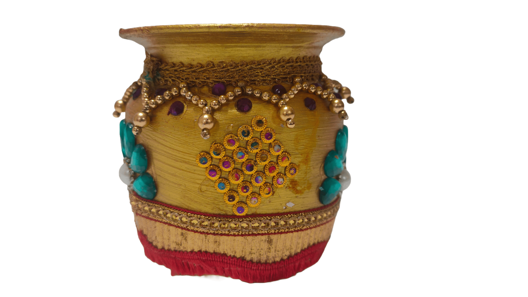 Gold-Plated Brass Kalash with Intricate Stone and Bead Detailing - Perfect for Weddings and Special Occasions