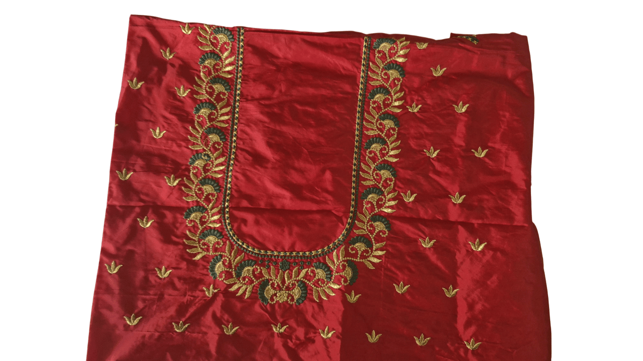 Red and gold embroidered blouse with floral motifs