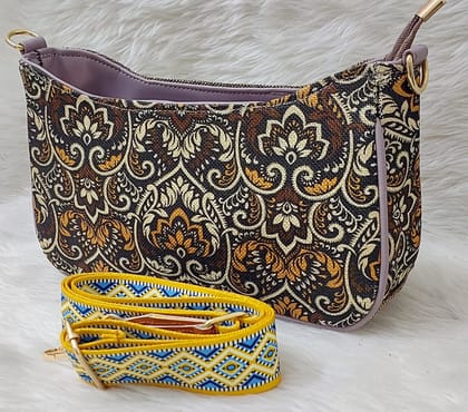 Brown and yellow floral print jute crossbody bag with adjustable strap