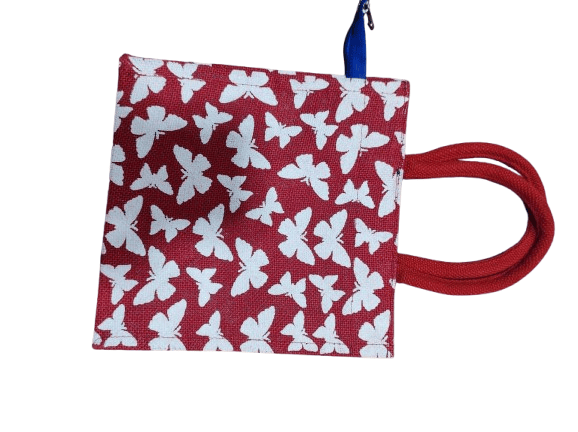 Red and White Butterfly Jute Tote Bag