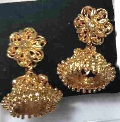 Golden Jhumka Earrings with Intricate Floral Design