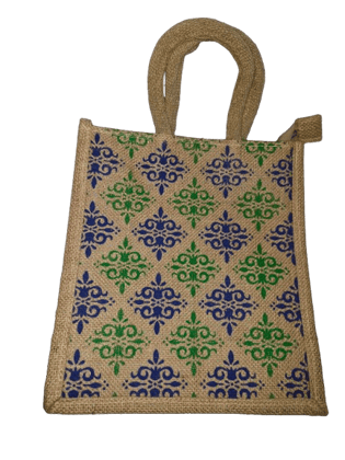 Handmade Jute Bag with Blue and Green Floral Print