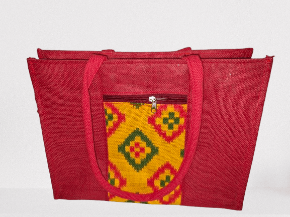 Red Jute Tote Bag with Geometric Print