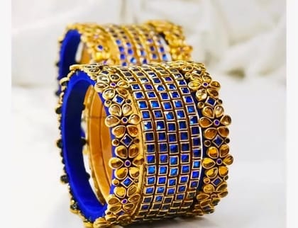 Handmade Gold Plated Kundan Stone Blue Lac Bangles (Set of 6)