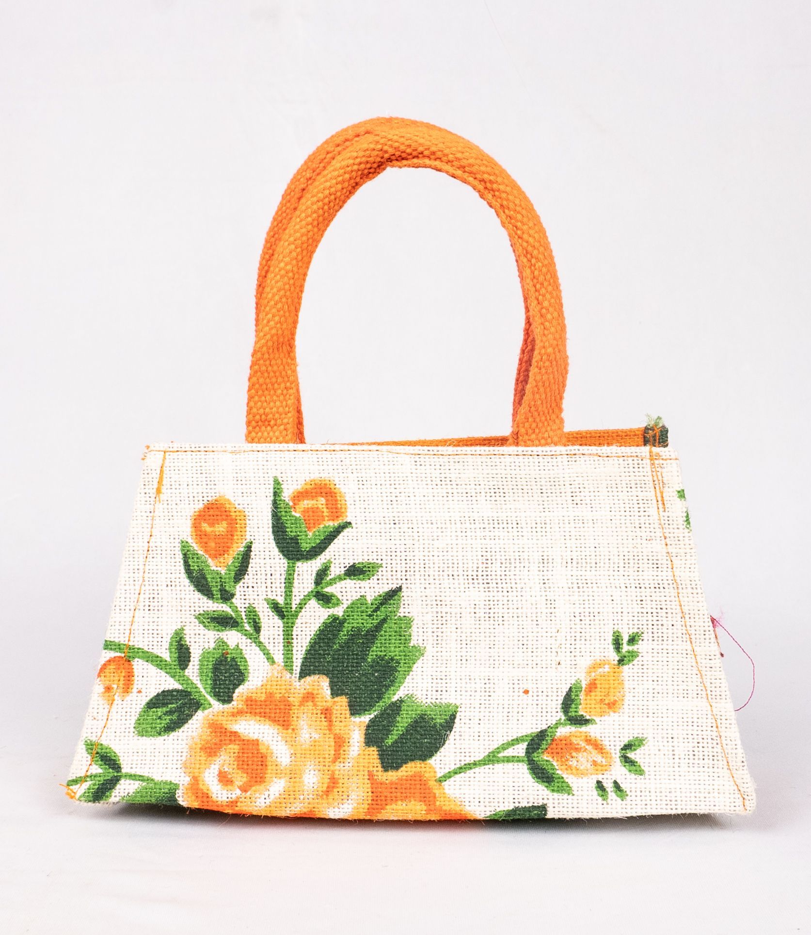 Floral Print Jute Tote Bag with Orange Handles