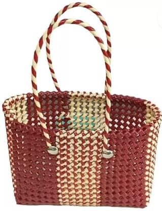 Red and White Striped Handwoven Market Basket