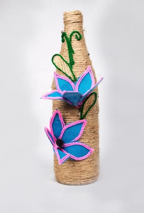 Rustic Burlap Wrapped Glass Bottle with Hand-Embroidered Flowers