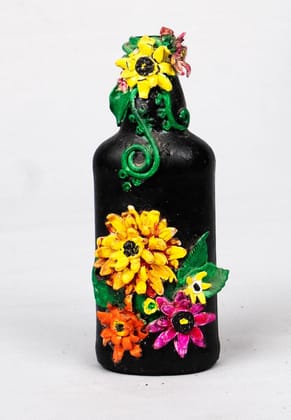 Hand painted black bottle vase with sunflowers and flowers