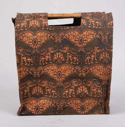 Elephant Print Jute Tote Bag with Wooden Handles