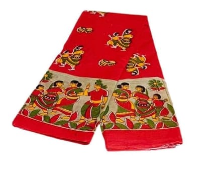 Printed Cotton Saree Red Color