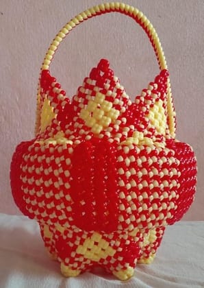 Red and Yellow Beaded Basket with Crown Design