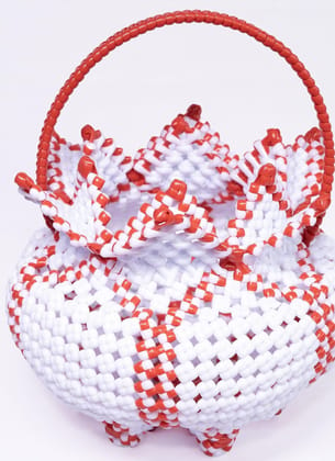 Red and White Beaded Basket with Handle